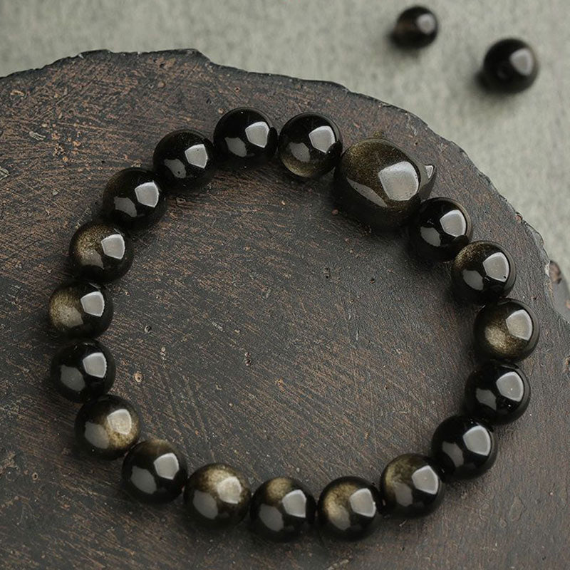 Fortune Jewel Gold Sheen Obsidian Silver Sheen Obsidian Lovely Paw Lucky Cat Protection Bracelet