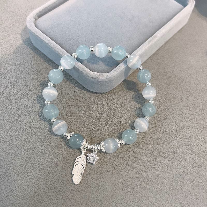 Fortune Jewel 925 Sterling Silver Aquamarine Cat's Eye Healing Feather Star Charm Bracelet