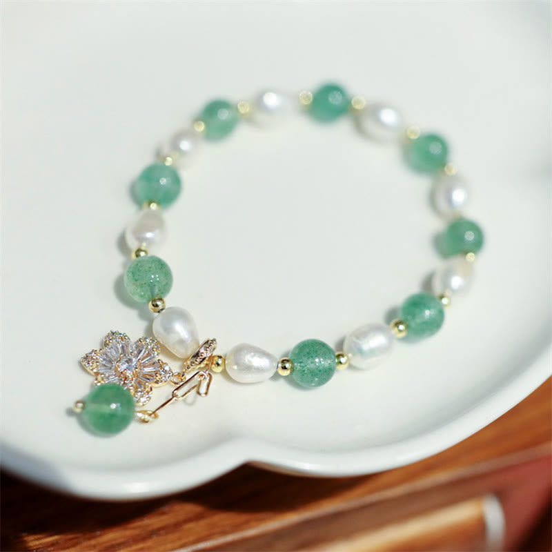 Fortune Jewel Natural Green Strawberry Quartz Pearl Flower Charm Love Bracelet