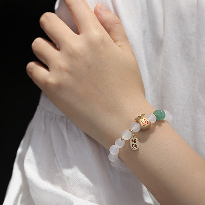 Fortune Jewel Natural White Agate Red Agate Money Bag Fu Character Four Leaf Clover Protection Bracelet