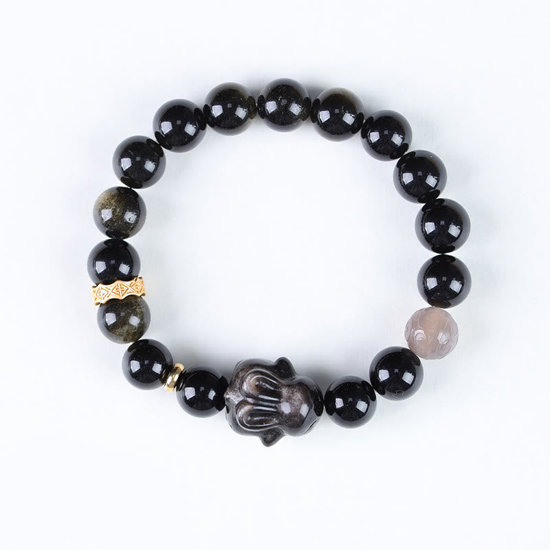 Fortune Jewel Gold Sheen Obsidian Black Obsidian Silver Sheen Obsidian Cute Rabbit Protection Bracelet