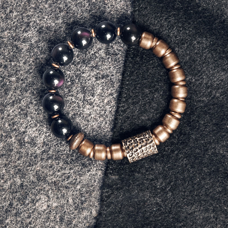 Fortune Jewel Lava Rock Stone Rainbow Obsidian Brass Support Healing Bracelet
