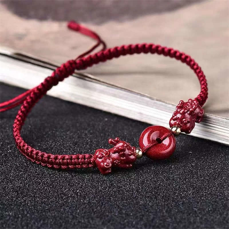 Fortune Jewel Cinnabar PiXiu Blessing Copper Coin Peace Buckle Red String Bracelet