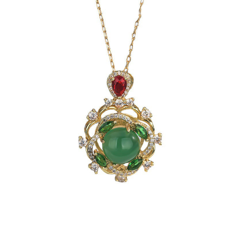 Fortune Jewel Cyan Jade Red Crystal Luck Necklace