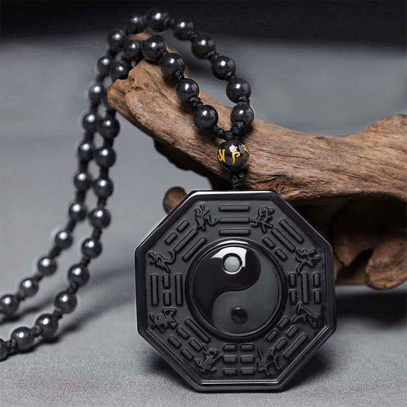 Fortune Jewel Black Obsidian Stone Yin Yang Pendant Necklace