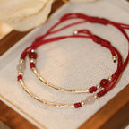 Fortune Jewel 925 Sterling Silver Bamboo White Agate Red Agate Bead Protection String Braided Bracelet
