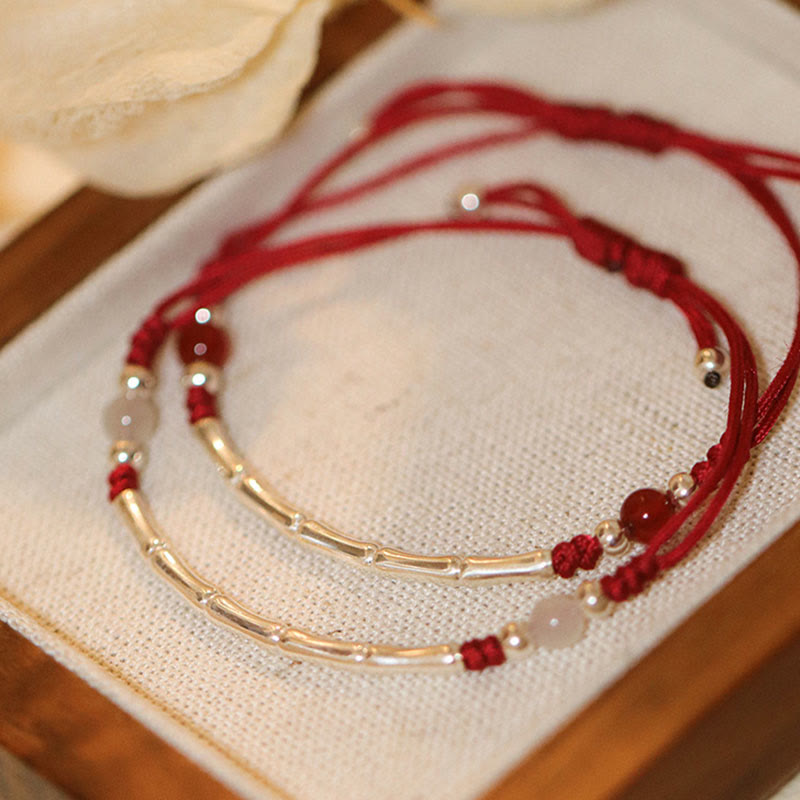 Fortune Jewel 925 Sterling Silver Bamboo White Agate Red Agate Bead Protection String Braided Bracelet