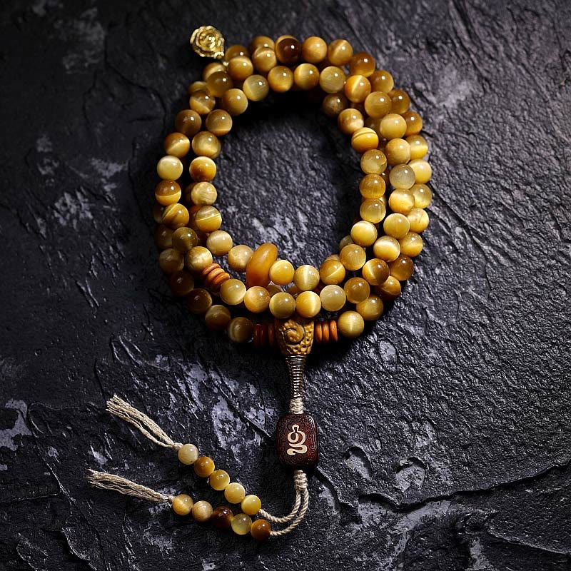 Fortune Jewel 108 Mala Beads Natural Tiger Eye Copper Dorje Protection Tassel Bracelet