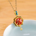 Fortune Jewel 925 Sterling Silver Tibet Lotus Prayer Wheel Red Agate Enlightenment Necklace Pendant