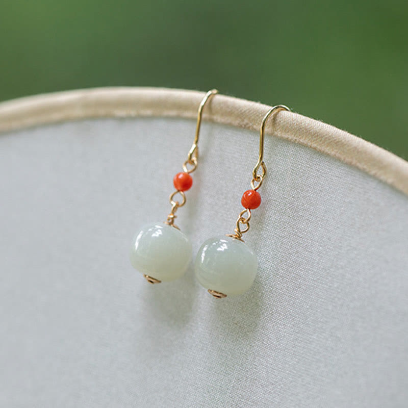 Fortune Jewel 925 Sterling Silver Plated 14k Gold Hetian Jade Red Agate Luck Drop Dangle Earrings