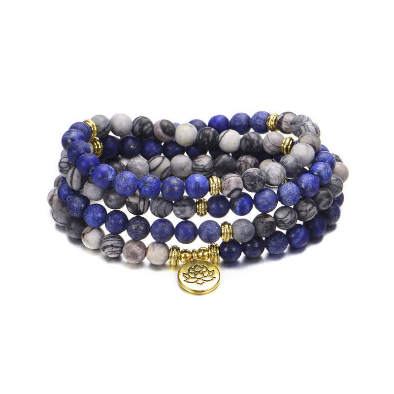 Fortune Jewel Lazurite Picasso Jasper Amazonite Rhodonite Apatite Positive Lotus Prayer Bead Bracelet