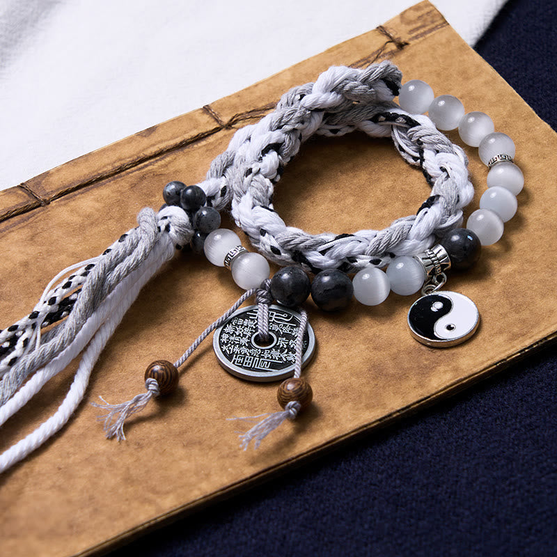 Fortune Jewel Black Glitter Stone Cat's Eye Yin Yang Mountain Ghosts Spend Money Power Double Layer Rope Bracelet
