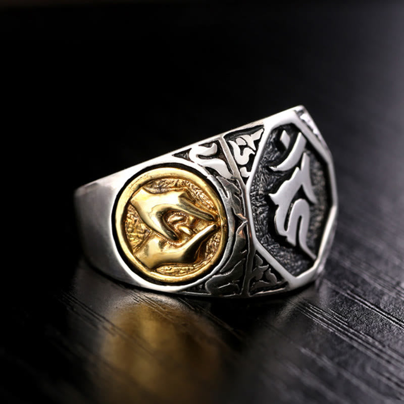 Fortune Jewel 925 Sterling Silver Sanskrit Design Carved Protection Adjustable Ring