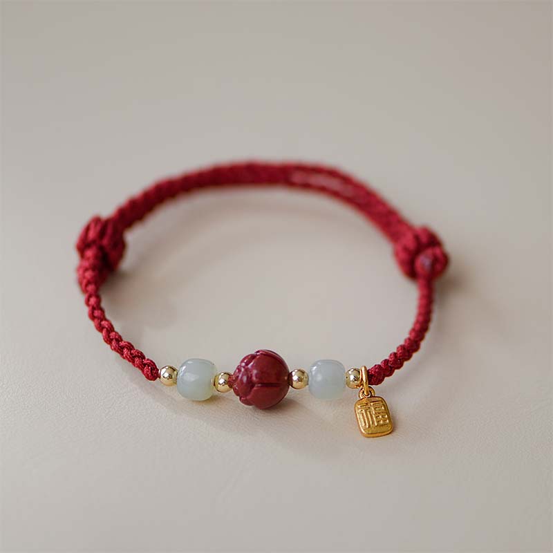 Fortune Jewel Cinnabar Jade Lotus Calm Red String Weave Bracelet