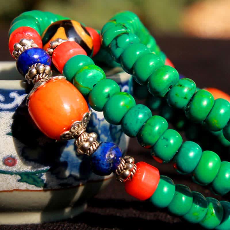 Fortune Jewel 108 Mala Beads Tibetan Turquoise Dzi Bead Protection Bracelet