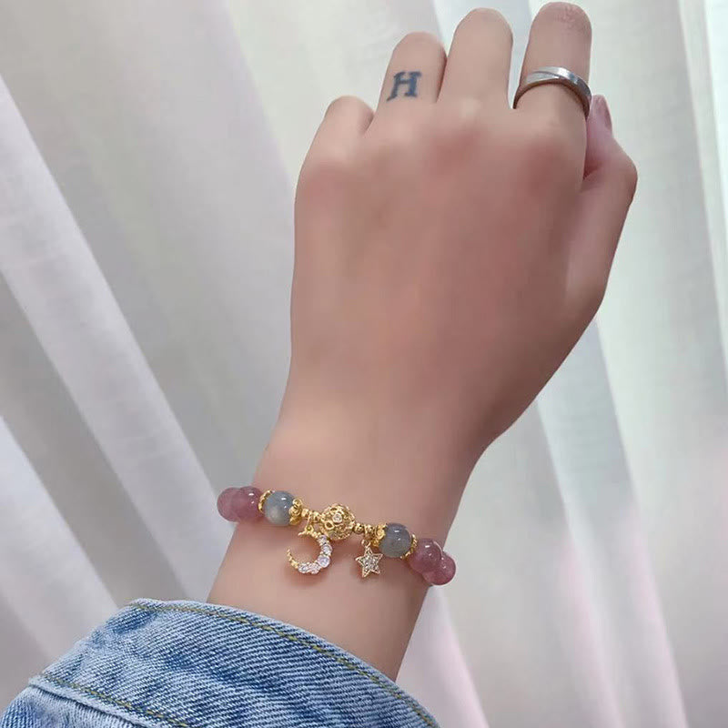 Fortune Jewel Strawberry Quartz Moonstone Moon Star Love Bracelet