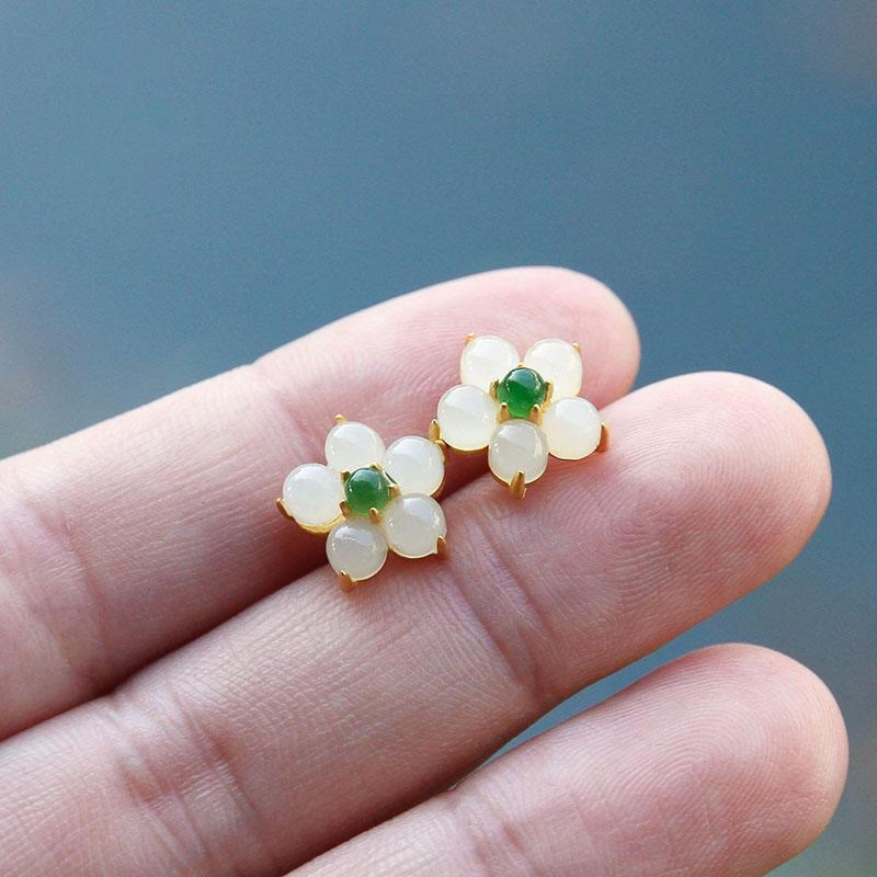 Fortune Jewel White Jade Flower Luck Blessing Stud Earrings