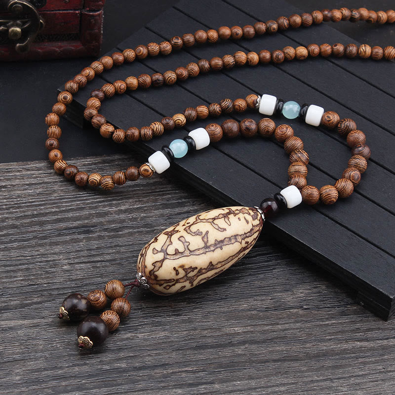 Fortune Jewel Tibetan Wenge Wood Bodhi Seed Agate Balance Peace Necklace Pendant