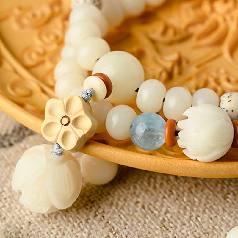 Fortune Jewel Tibetan White Jade Bodhi Lotus Blessing Bracelet Fortune Jewel
