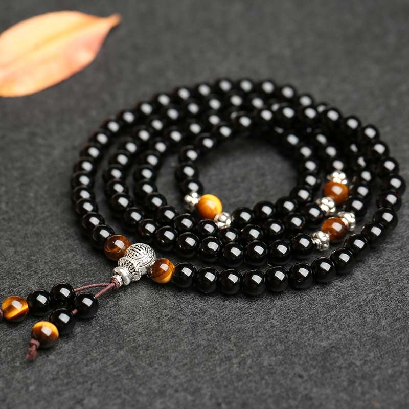 Fortune Jewel Black Obsidian Tiger Eye Blessing Mala Bracelet