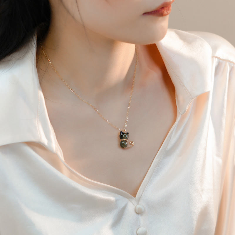 Fortune Jewel 14K Gold Plated Pearl Hetian Jade Shell Luck Cat Kitten Necklace Pendant