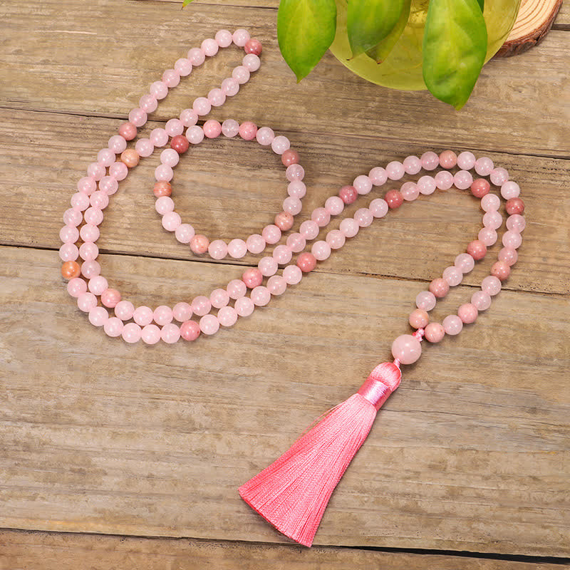 Fortune Jewel 108 Mala Beads Pink Crystal Love Tassel Bracelet