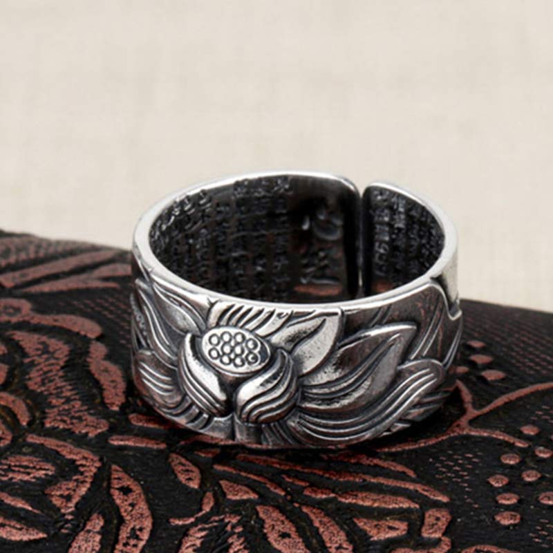 Fortune Jewel 999 Sterling Silver Lotus Symbol Heart Sutra Protection Ring Fortune Jewel