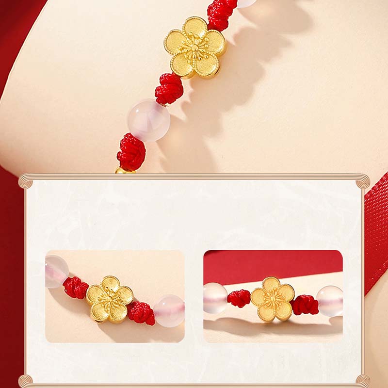 Fortune Jewel Handmade 925 Sterling Silver Peach Blossom Cherry Sakura Chalcedony Bead Luck Red Rope Bracelet