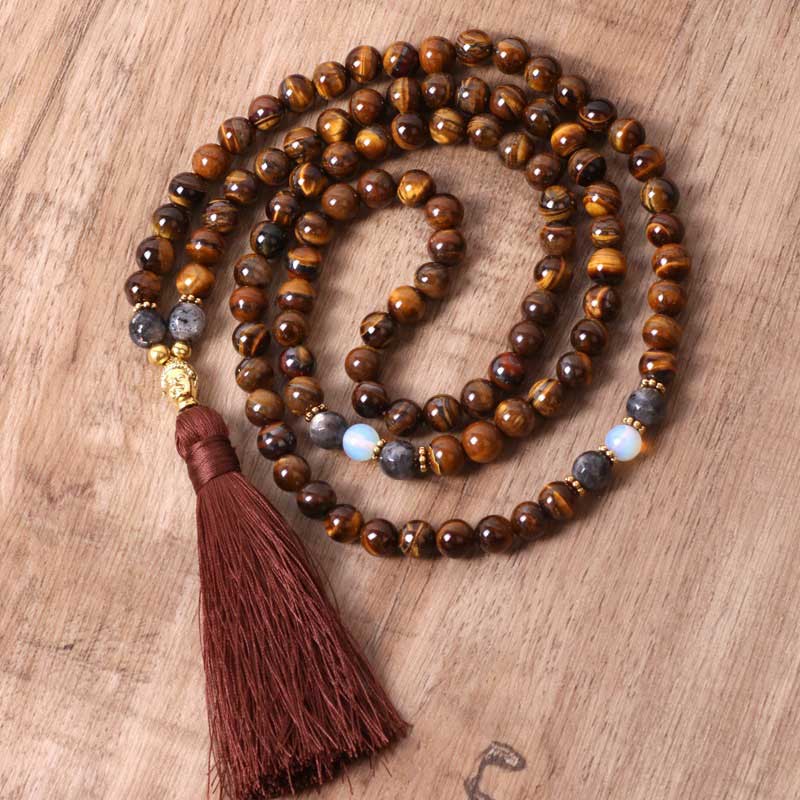Fortune Jewel Tibetan Tiger Eye Buddha Strength Power Beaded Tassel Pendant Necklace