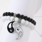 Fortune Jewel 2Pcs Black Onyx White Turquoise Bead Yin Yang Protection Couple Bracelet