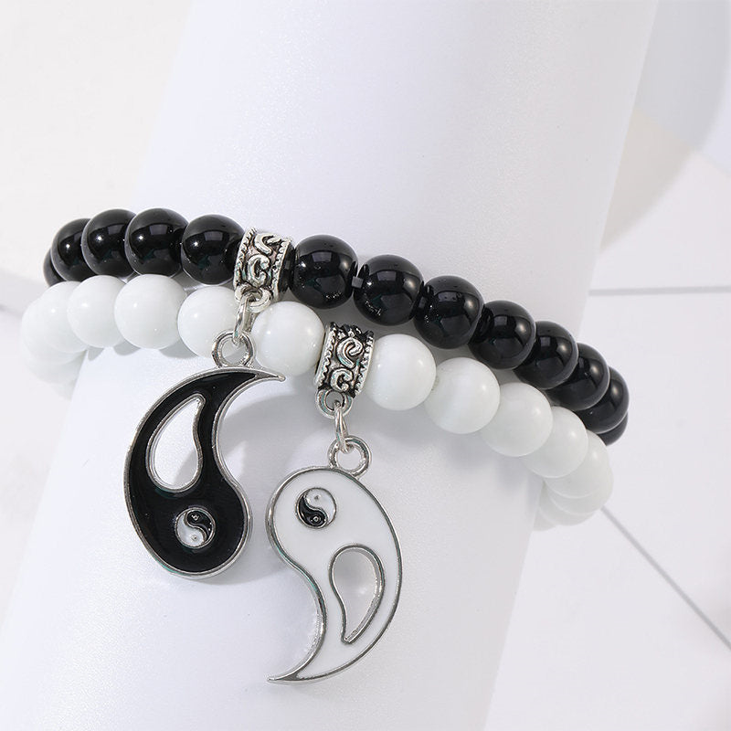 Fortune Jewel 2Pcs Black Onyx White Turquoise Bead Yin Yang Protection Couple Bracelet
