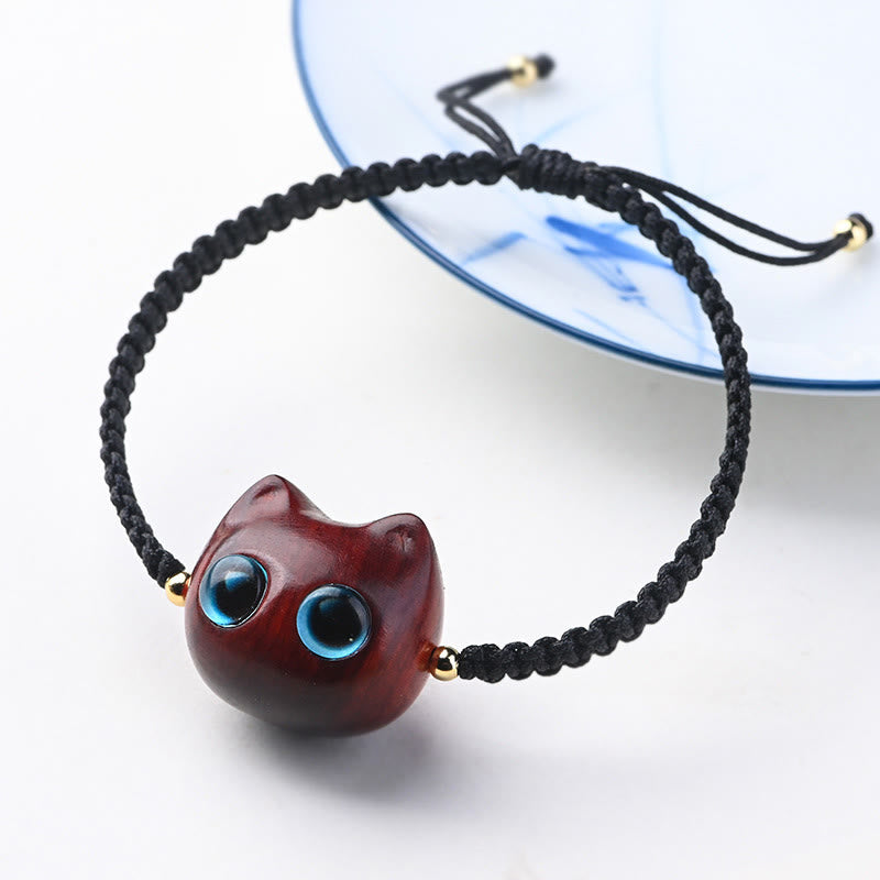 Fortune Jewel Small Leaf Red Sandalwood Ebony Wood Cute Cat Head Calm Protection Braided Bracelet