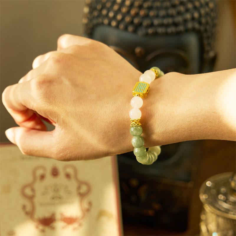 Fortune Jewel Natural Green Jade White Agate Five Scriptures Abundance Bracelet