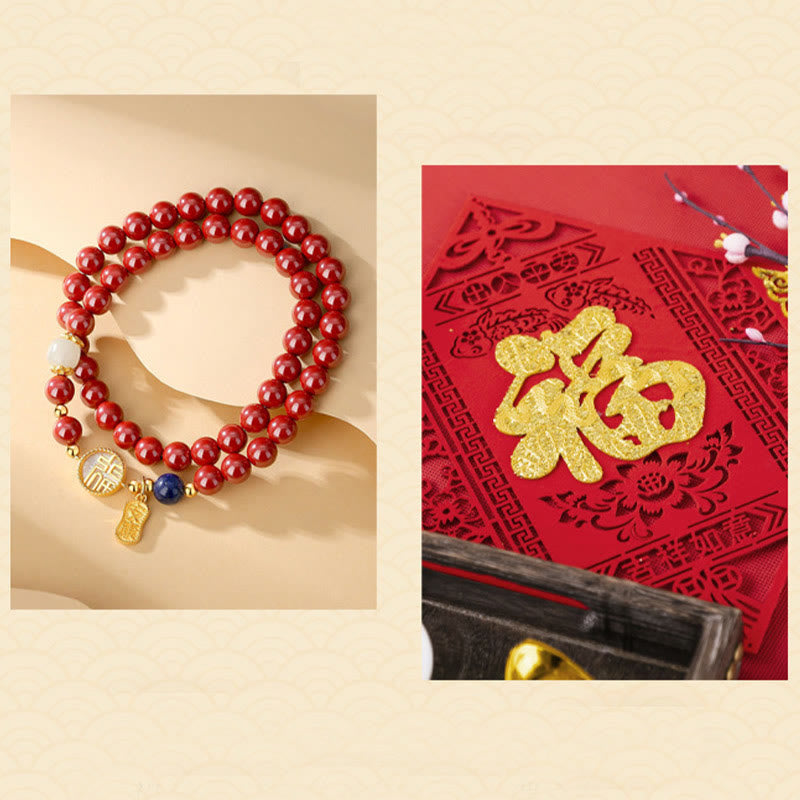 Fortune Jewel 925 Sterling Silver Cinnabar Tridacna Stone Fu Character Double Wrap Blessing Bracelet