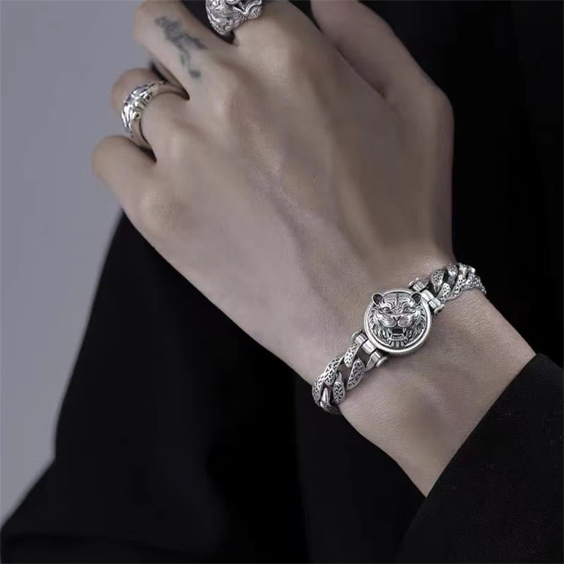 Fortune Jewel Tiger Tang Dynasty Flower Design Engraved Luck Energy Bracelet