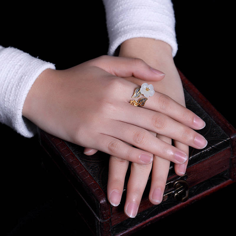 Fortune Jewel 925 Silver Plated Copper White Jade Plum Flower Leaf Luck Ring