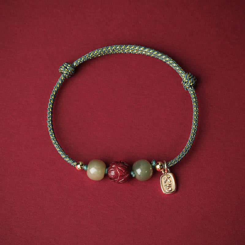 Fortune Jewel 14K Gold Plated Hetian Jade Cinnabar Lotus Luck Handcrafted Rope Bracelet