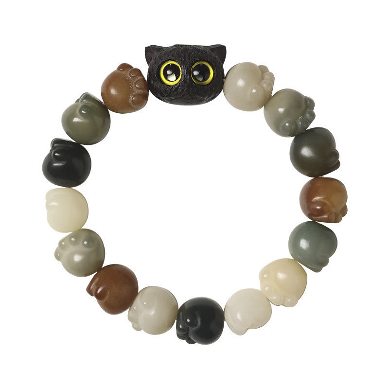 Fortune Jewel Natural Bodhi Seed Lovely Paw Ebony Wood Lucky Cat Wisdom Bracelet