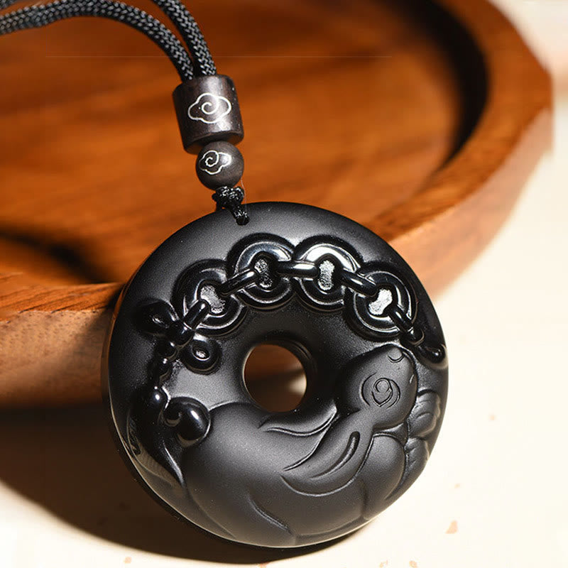 Fortune Jewel Chinese Zodiac Natural Black Obsidian Peace Buckle Strength Necklace Pendant