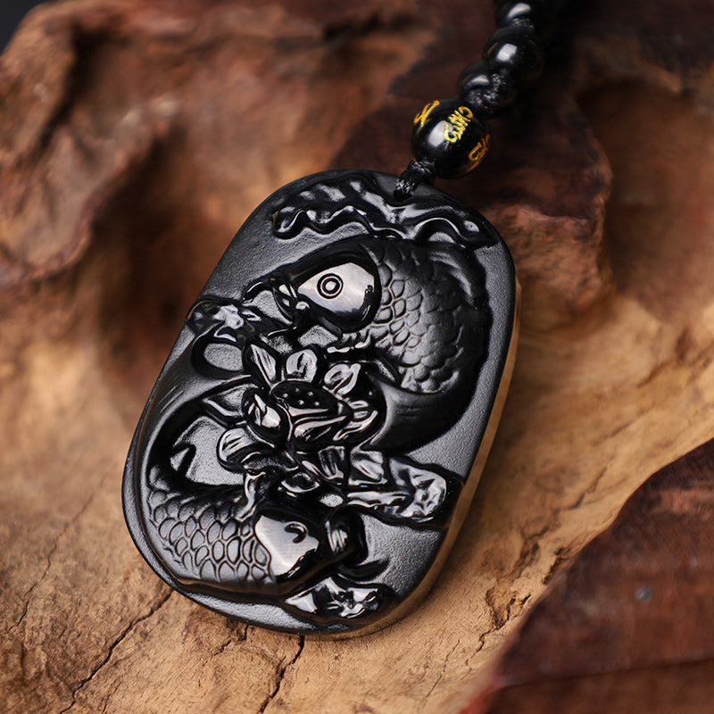 Fortune Jewel Natural Black Obsidian Koi Fish Lotus Strength Beaded Necklace Pendant