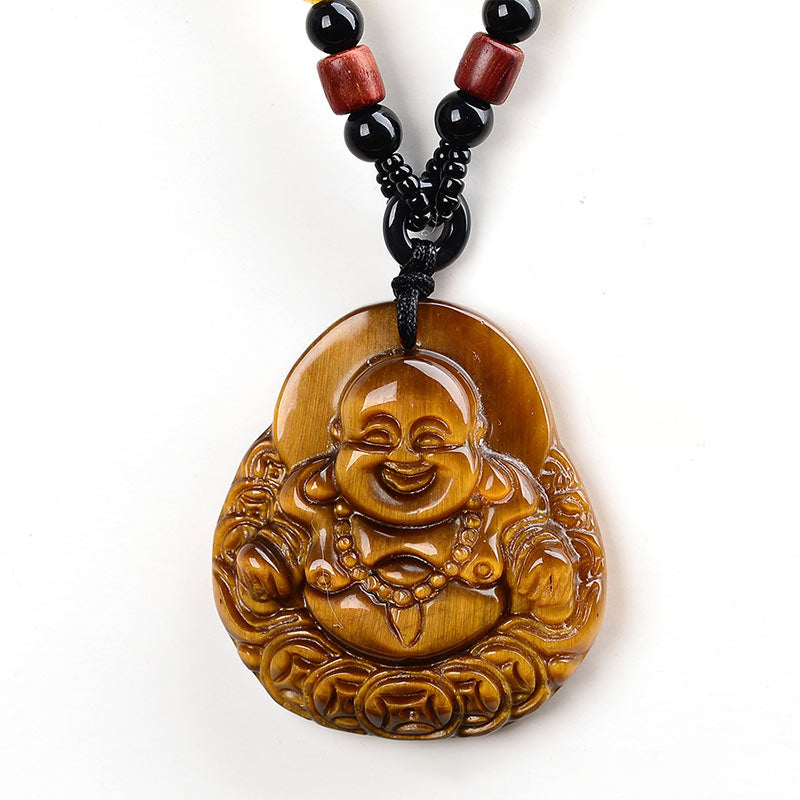 Fortune Jewel Tiger's Eye Laughing Buddha Blessing Necklace