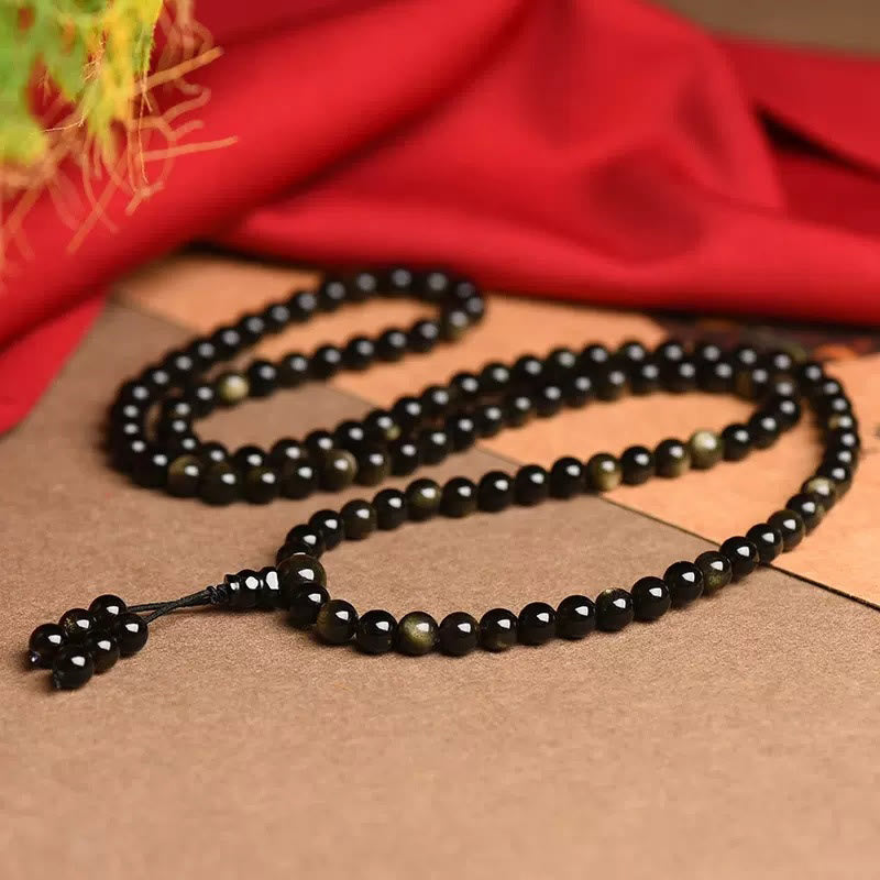 Fortune Jewel 108 Mala Beads Natural Gold Sheen Obsidian Wealth Bracelet