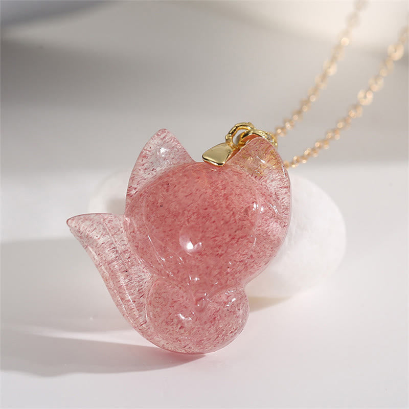 Fortune Jewel 925 Sterling Silver Plated 14k Gold Strawberry Quartz Fox Healing Necklace Pendant