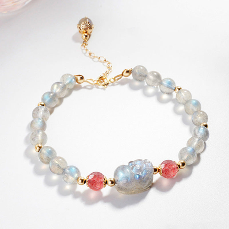 Fortune Jewel Moonstone Strawberry Quartz PiXiu Healing Bracelet