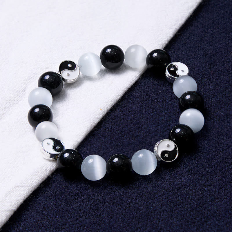 Fortune Jewel Black Obsidian Cat's Eye Yin Yang Purification Strength Bracelet