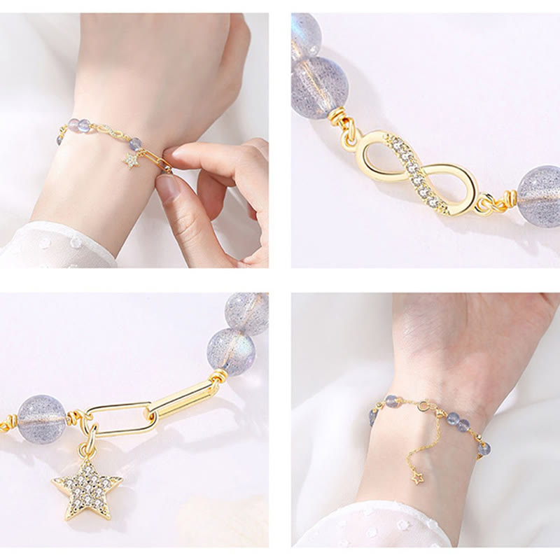 Fortune Jewel 14K Gold Plated Natural Strawberry Quartz Moonstone Möbius Loop Eternal Love Star Positive Bracelet