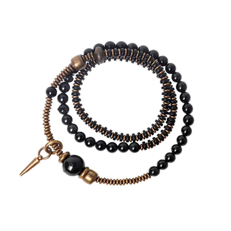 Fortune Jewel Rainbow Obsidian Ebony Wood Copper Healing Triple Wrap Bracelet