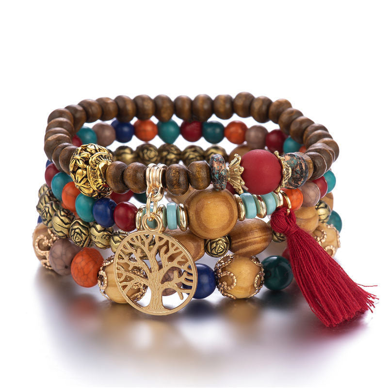 Fortune Jewel Wenge Wood Layered Tree Tassel Healing Bracelet - Fortune Jewel