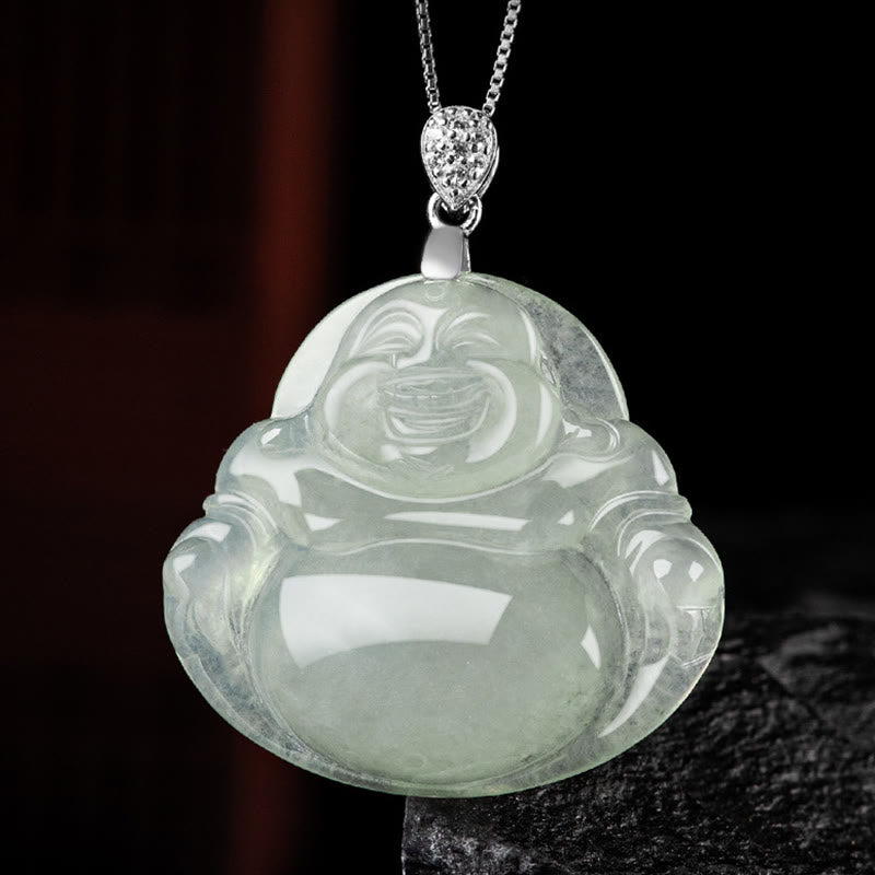 Fortune Jewel Natural Jade Laughing Buddha Prosperity Abundance Titanium Steel Chain Necklace Pendant Fortune Jewel