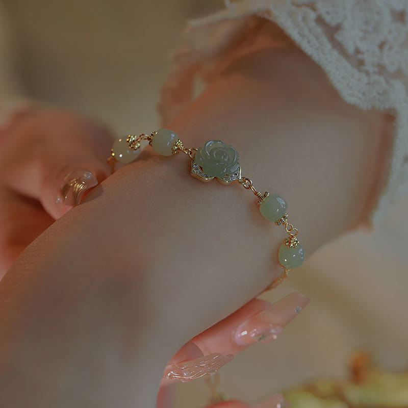 Fortune Jewel 14K Gold Plated Hetian Jade Rose Flower Luck Chain Bracelet